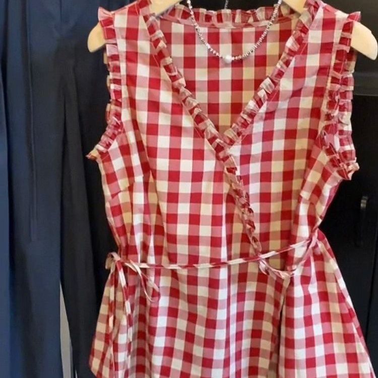 Retro Red Plaid Sleeveless Ves - Corset Waist Cinch recension och pris